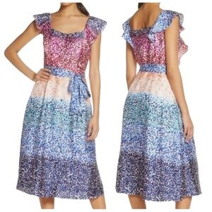 NWT Julia Jordan Short Flutter Sleeve Mixed Dot Twill Waist Tie Dress
